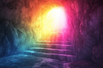 Obraz premium Vivid multicolored light beams streaming through an open doorway in a rustic room, symbolizing hope, transformation, and spiritual awakening