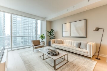 Fototapeta premium Modern minimalist living room with large windows and neutral tones.