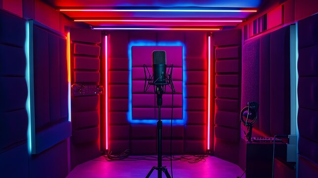 Neon-lit recording booth with microphone.