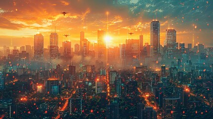 Obraz premium A breathtaking futuristic cityscape featuring skyscrapers, green rooftop gardens, and a winding river illuminated by a glowing sunset. 