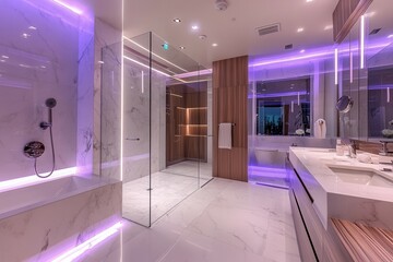 Modern luxury bathroom with glass shower and led lighting.
