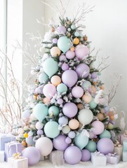 Obraz premium Elegant pastel Christmas tree with delicate ornaments in a cozy, bright interior.