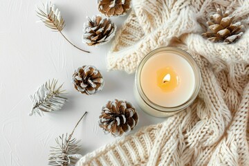Winter arrangement with candlelight, pinecones, and knitted fabric on white