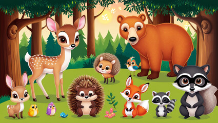 Vector illustration of cute woodland forest animals including deer, rabbit, hedgehog, bear, fox, raccoon, bird, owl, and squirrel.
