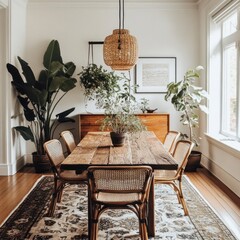 Rustic wooden dining table with rattan chairs in a bright, plant-filled room.