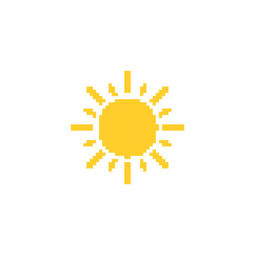Pixelated sun illustration. Simple pixel art of a yellow sun with rays extending outward