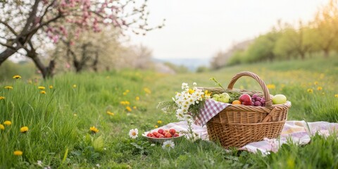 Spring picnic in a blooming orchard with fresh fruits and flowers.