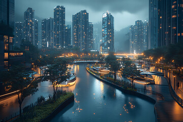 Fototapeta premium Modern City Canal at Night with Rain