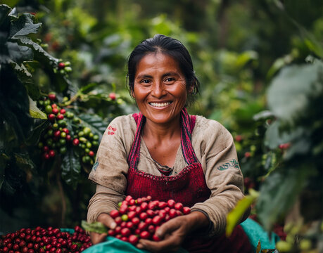 Mujer sonriente recogiendo caf&eacute;