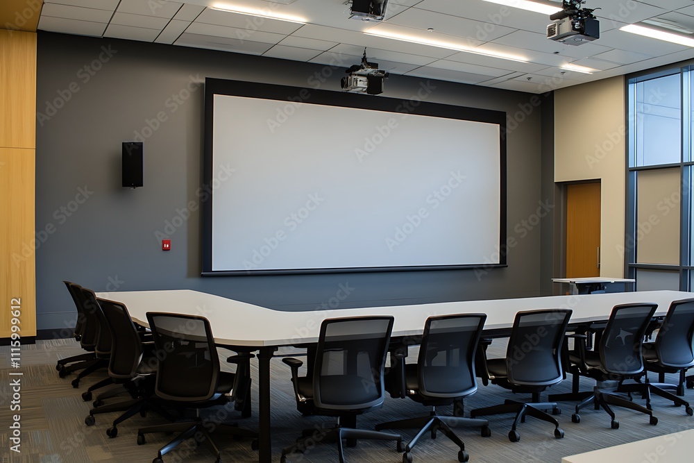 Poster a large blank white screen positioned centrally, suitable for presentations or displays in various s