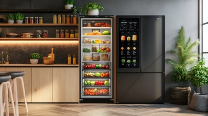 Modern kitchen with smart refrigerator, stocked with fresh produce and pantry items.