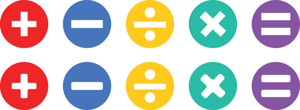 Basic mathematical symbol. Plus and minus icon set. Math symbol. Multiply icon. Equals symbol, division symbol, Calculator button, math icon set arithmetic plus minus equals multiply
