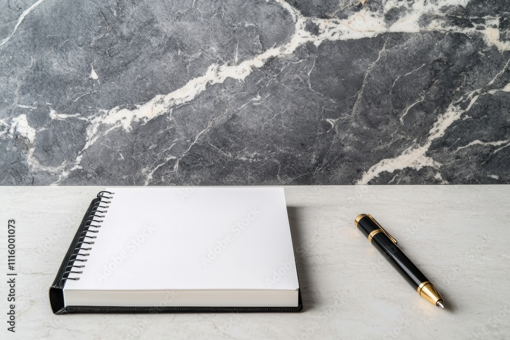 Poster blank notebook and pen inviting to write new ideas on minimalist desk