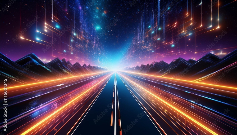Wall mural futuristic highway scene with a sleek road stretching into digital space featuring glowing lines and