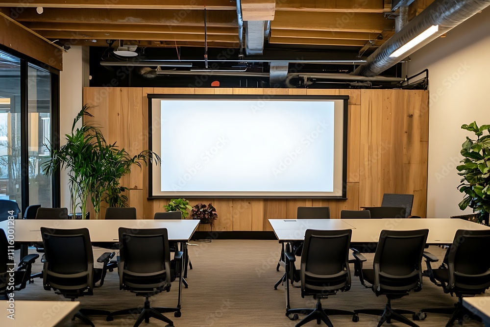 Poster a large blank white screen is positioned in the center, suitable for presentations or displays.