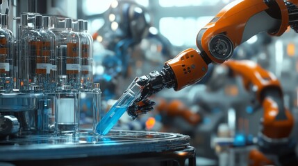 A high-tech medical production line with robotic arms and precision tools is meticulously crafting vials of a bubbling solution.