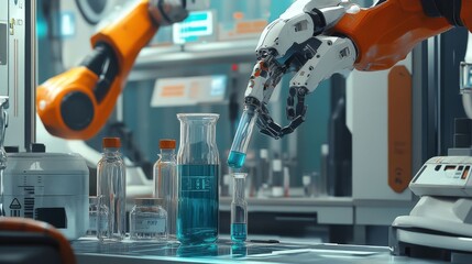 A high-tech medical production line with robotic arms and precision tools is meticulously crafting vials of a bubbling solution.