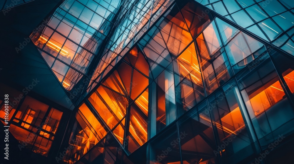 Poster modern architectural design showcases angular glass structure illuminated at dusk