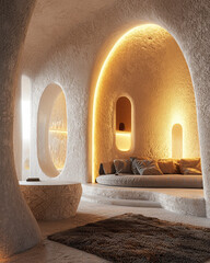 Minimalist, japandi style home geometric interior design of modern living room. White recliner armchair against arched stucco wall.