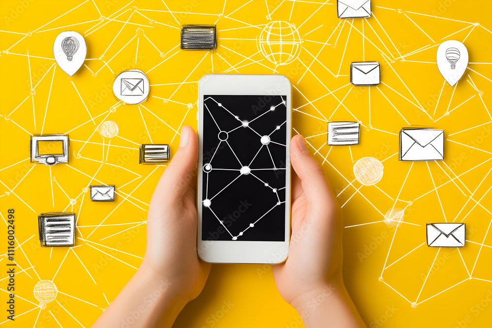 Poster global network connection concept. hands holding smartphone showcasing interconnected communication 