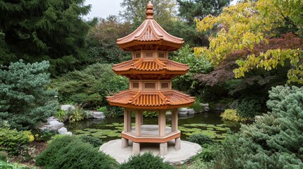 Tranquil Japanese Pagoda in a Lush Garden Oasis