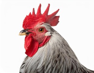 close up portrait of a rooster featuring gray chickens beautifully isolated against a white background showcasing the unique details of the rooster and the grace of the gray chickens