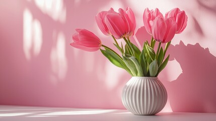 Obraz premium Elegant pink tulips in a white ceramic vase with soft shadows