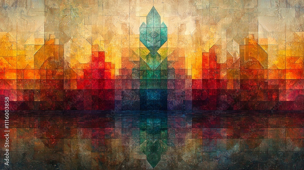 Poster vibrant geometric shape contrasts repetitive monochromatic background showcasing self assurance and 