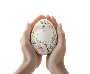 Hands holding an Easter egg with an inspirational message on pure flat white background. PNG transparent.