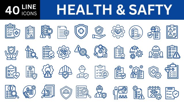 Set of 40 outline icons related to health and safety. Linear icon collection. Editable stroke. Vector illustration