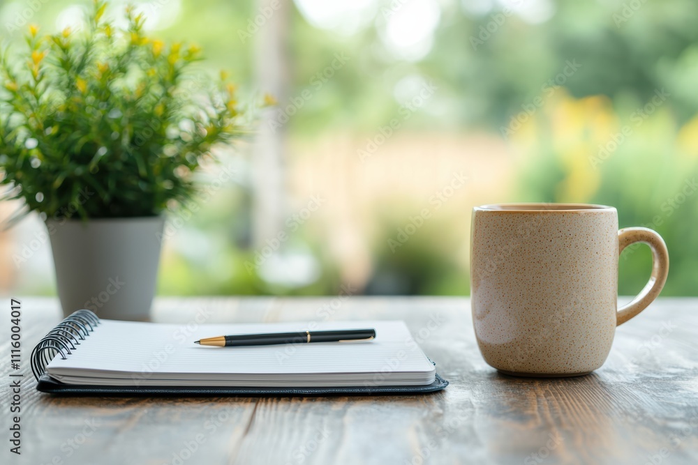 Poster notebook, pen, and coffee mug creating a cozy home workspace for remote productivity