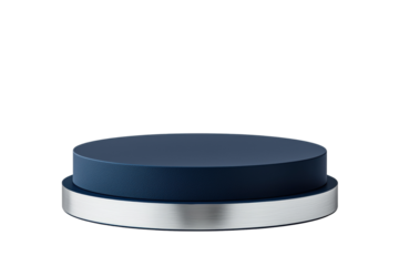 Modern round stand with navy top and silver base on white isolated background.