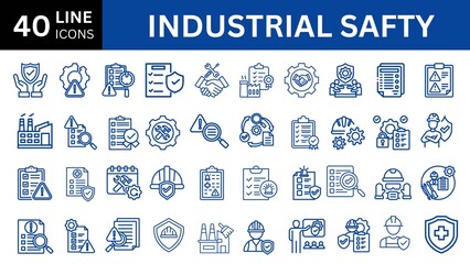 Industrial safety icon set with hazard, risk, management, accident, prevention, protection, equipment, workplace, incident report, training and emergency.