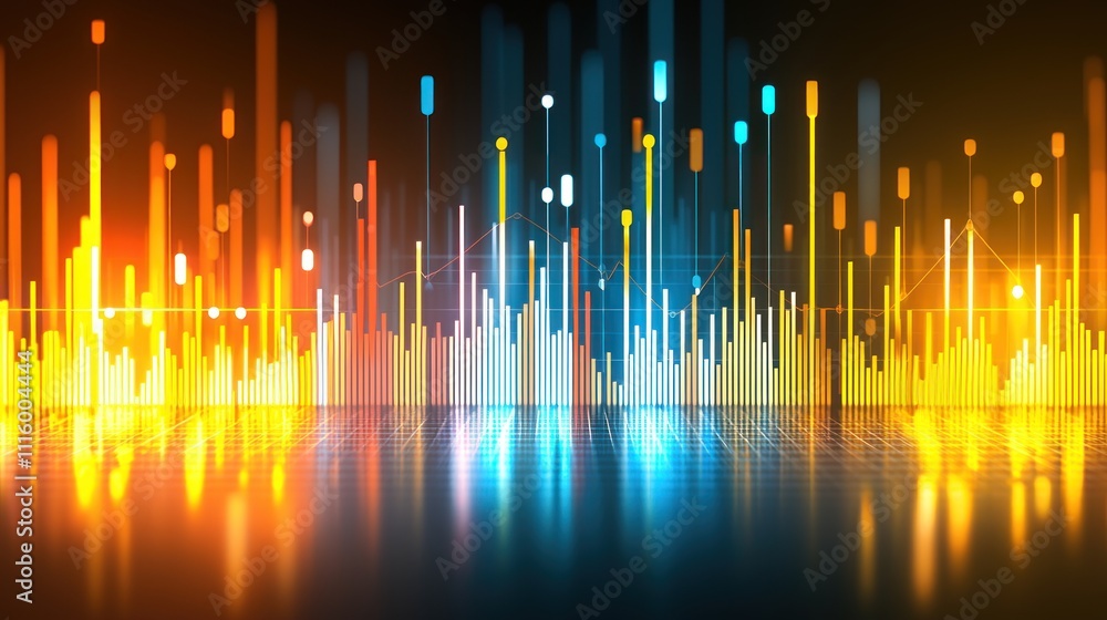 Poster abstract financial data visualization: glowing bars and lines reflecting on a dark surface