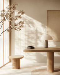 Minimalist, Japandi interior design of modern living room.