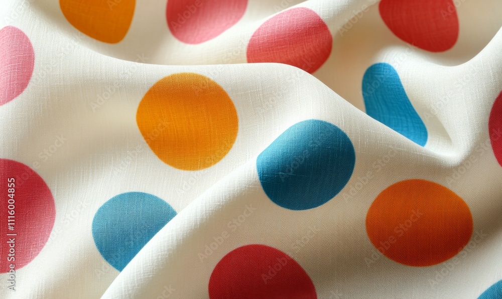 Fototapete 3D polka dot fabric pattern with large, playful dots in various colors on a white background, cheerful and fun