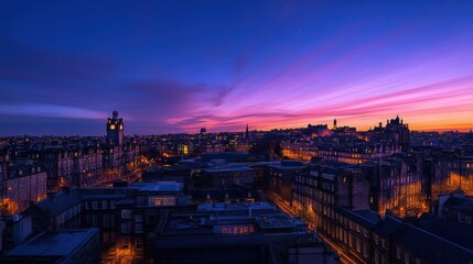 Fototapeta premium Cityscape sunset, purple sky, illuminated buildings.