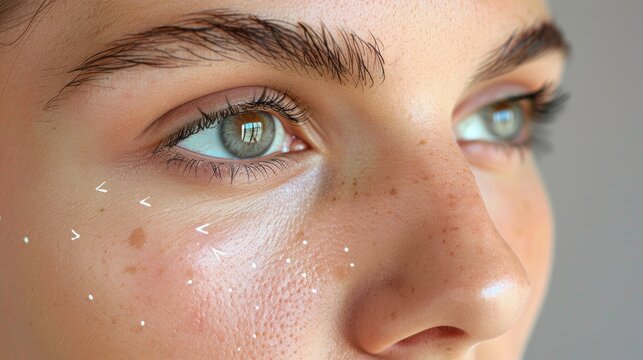 Closeup of woman s eye with arrows indicating planned blepharoplasty for skin tightening