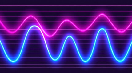 Fototapeta premium Neon Waveform Abstract Background: Vibrant Pink and Blue Glowing Lines on a Dark Grid