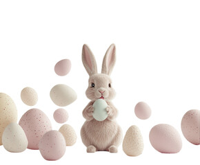 Easter bunny blowing egg-shaped bubbles on pure flat white background. PNG transparent.