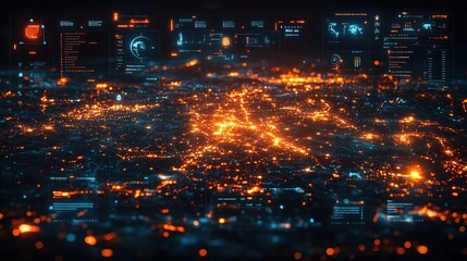 Futuristic Digital Cityscape with Glowing Lights and Data Overlays in a High-Tech Environment Showcasing Advanced Technology and Urban Connectivity