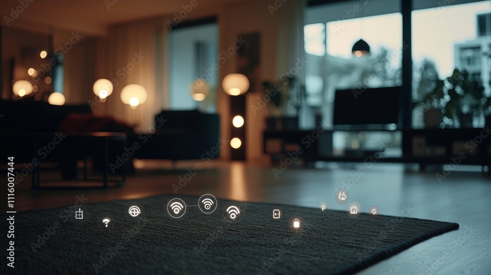 Poster with an image of a smart home featuring connected devices and appliances, the internet of things con