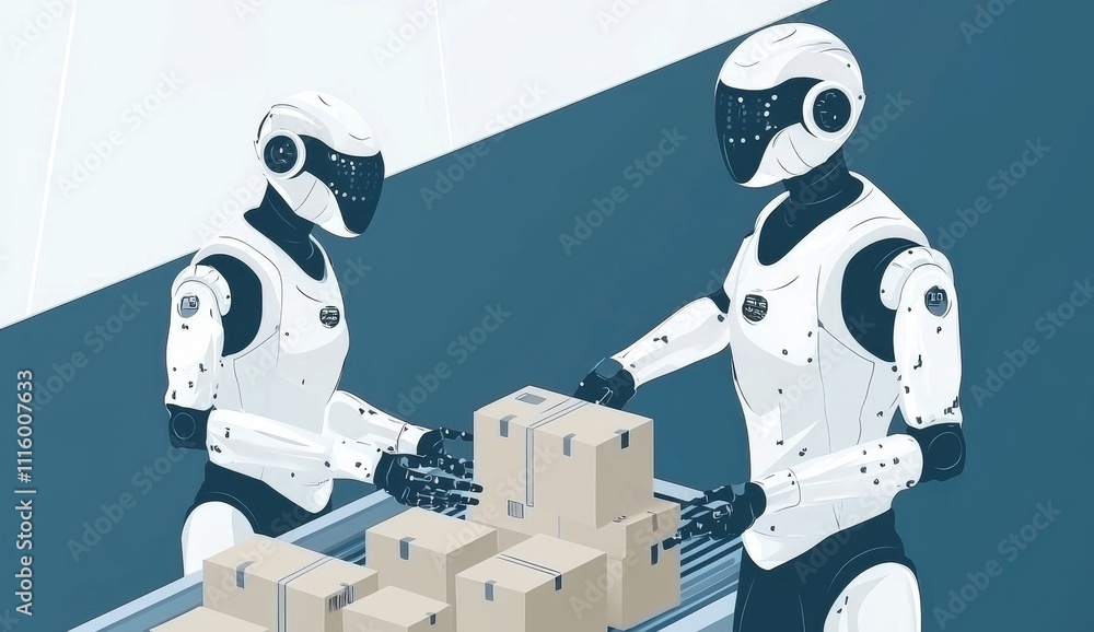 Fototapete An illustration showing 3D isometric automated warehouse robots and Smart warehouse technology with warehouse automation system and robot transportation service. Transparent PNG.