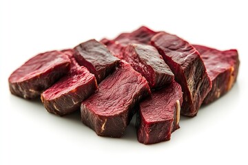 Obraz premium A close-up of a juicy, red-sliced venison steak isolated on white background. Generative Ai