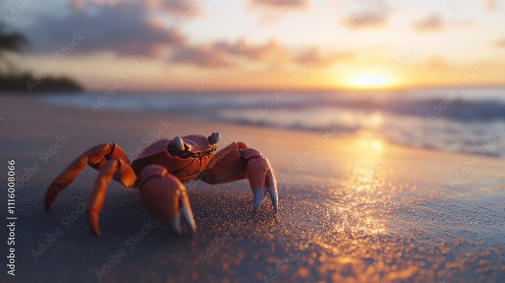 Poster a vibrant red crab moves gracefully across the soft sand as the sun sets, casting warm hues over the