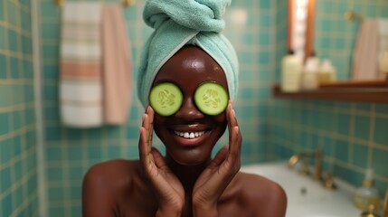 Smiling african american woman with cucumber slices in eyes portrait image. Happy female taking care of skin in bathroom picture photorealistic photography. Spa concept photo realistic
