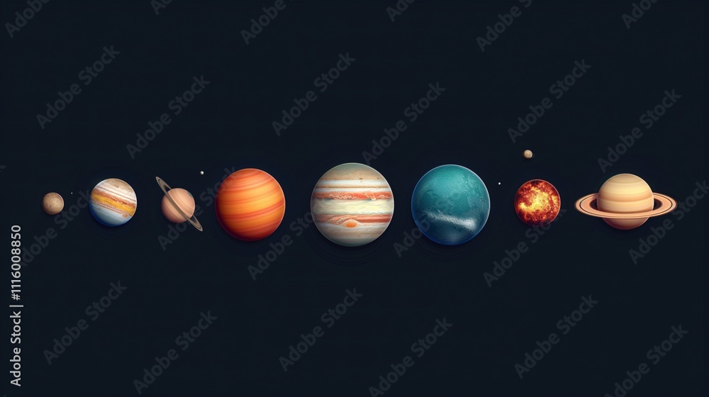 Poster fantasy planetary system against black void 3d rendering image. cosmic scene with multiple spheres b