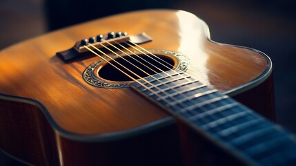 Fototapeta premium Close-up View of an Acoustic Guitar in Warm Light