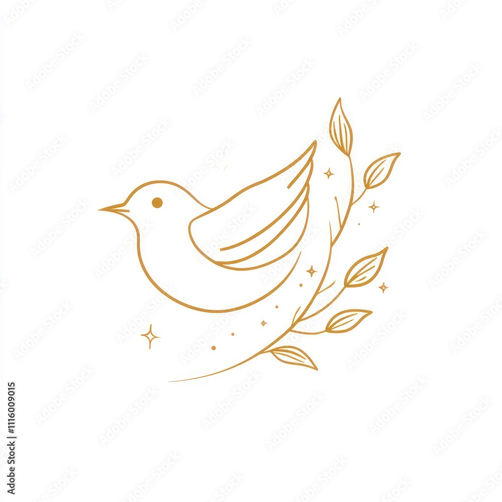 Poster Here's a  and keyword list for your image.. Elegant gold line art bird with leaves.
