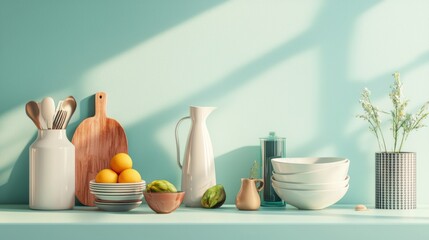 Modern kitchen counter with pastel crockery and wooden accents